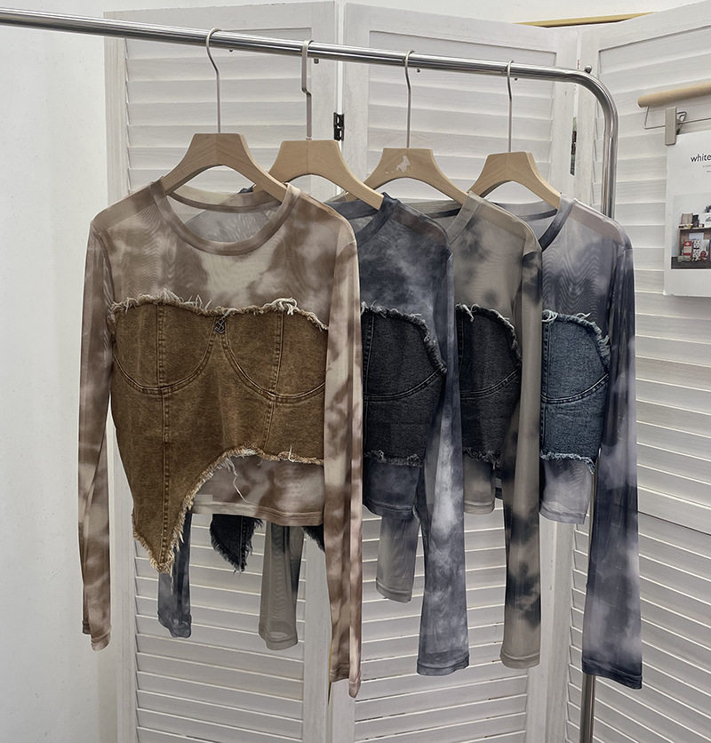 圆领扎染毛边牛仔拼接网纱长袖t恤衫 复古不规则套头休闲上衣女装