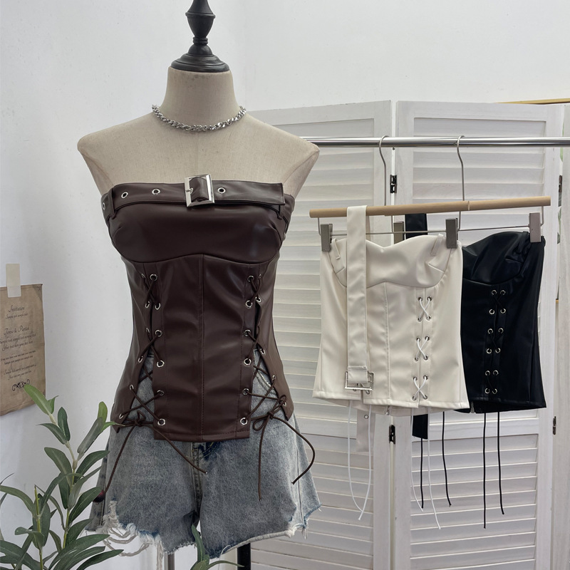 欧美风皮扣穿绳系带无袖pu皮抹胸 个性性感露背上衣背心裹胸女潮