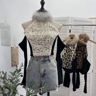 挂袖 性感高领豹纹毛毛拼接长袖 露背断袖 短款 上衣女 挂脖露肩t恤衫