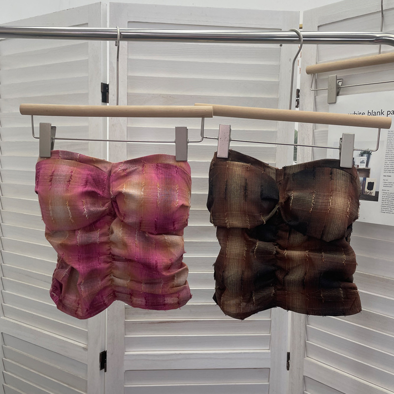 一字肩格纹毛边带胸垫无袖抹胸 后背松紧打揽短款露背上衣背心女