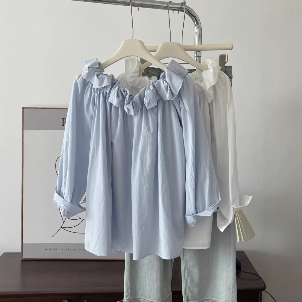 纯色一字肩木耳边长袖衬衫 宽松露肩时尚休闲套头上衣衬衣小衫女,女装/女士精品,T恤,淘宝优惠券,粉丝福利购,淘宝优惠卷