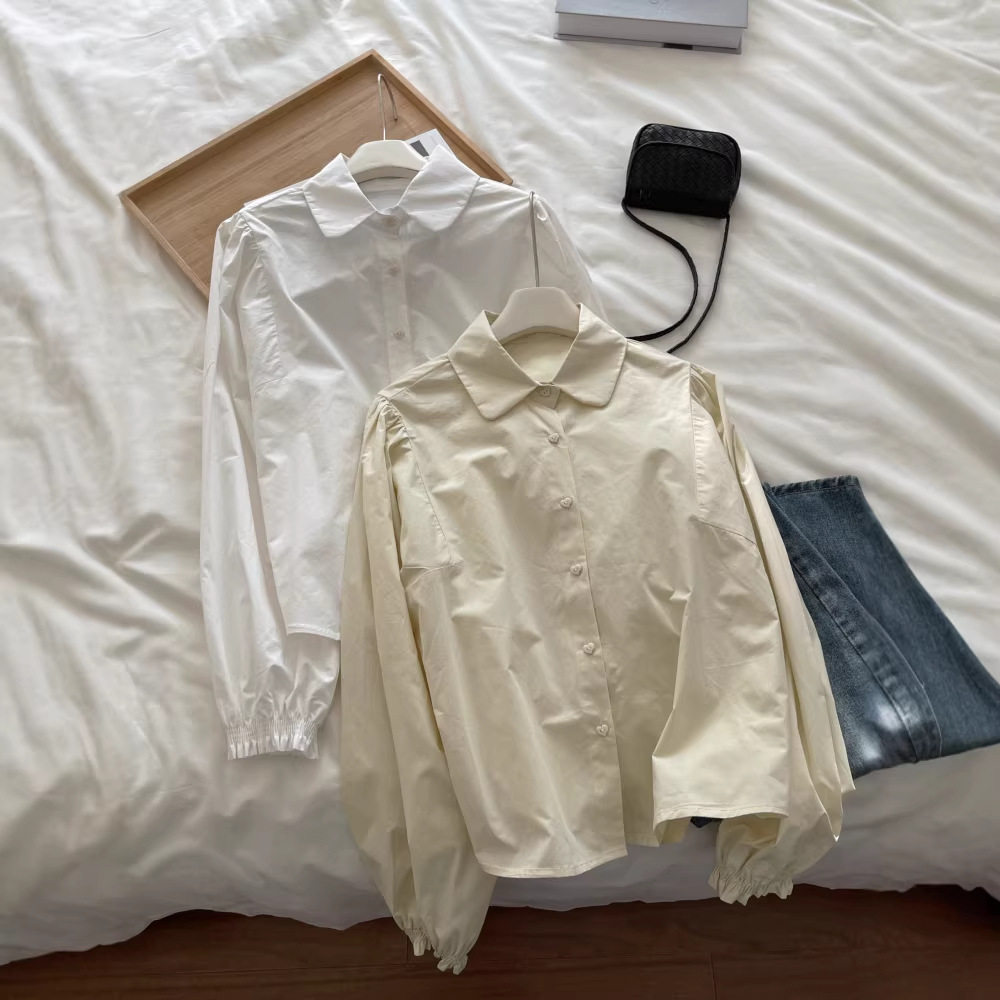 娃娃翻领拼接爱心纽扣长袖衬衫 纯色宽松休闲上衣开衫衬衣内搭女