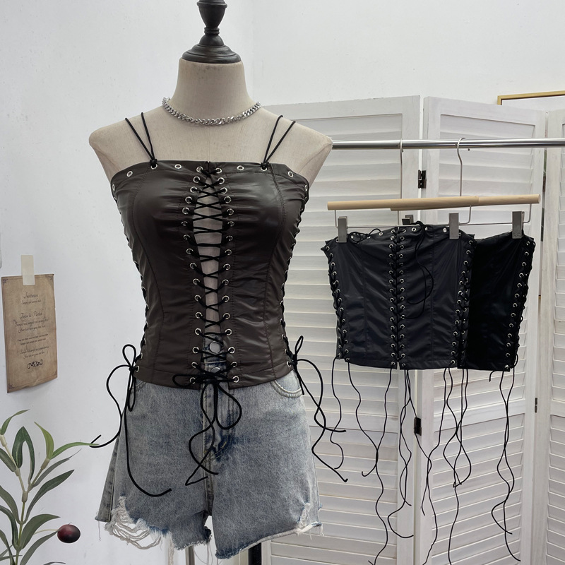 朋克辣妹风穿绳系带后背拉链镂空无袖pu皮上衣 露背挂脖背心抹胸