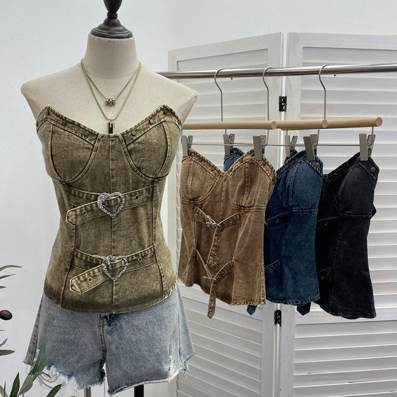 复古朋友风拼接搭扣带胸垫无袖牛仔抹胸 铆钉扣背心上衣裹胸女夏,女装/女士精品,抹胸,淘宝优惠券,粉丝福利购,淘宝优惠卷