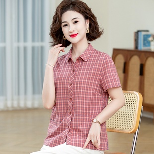 中老年格子衬衫 纯棉短袖 奶妈夏装 妈妈时尚衬衣薄开衫