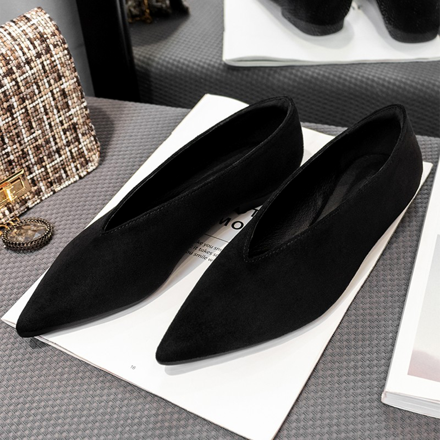 尖头单鞋BVPY百搭奶奶鞋欧美平底