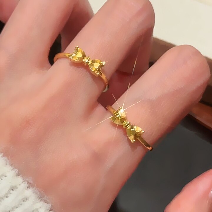 沙金复古黄金色爱心蝴蝶结戒指女可调节百搭设计感可爱指环时尚款