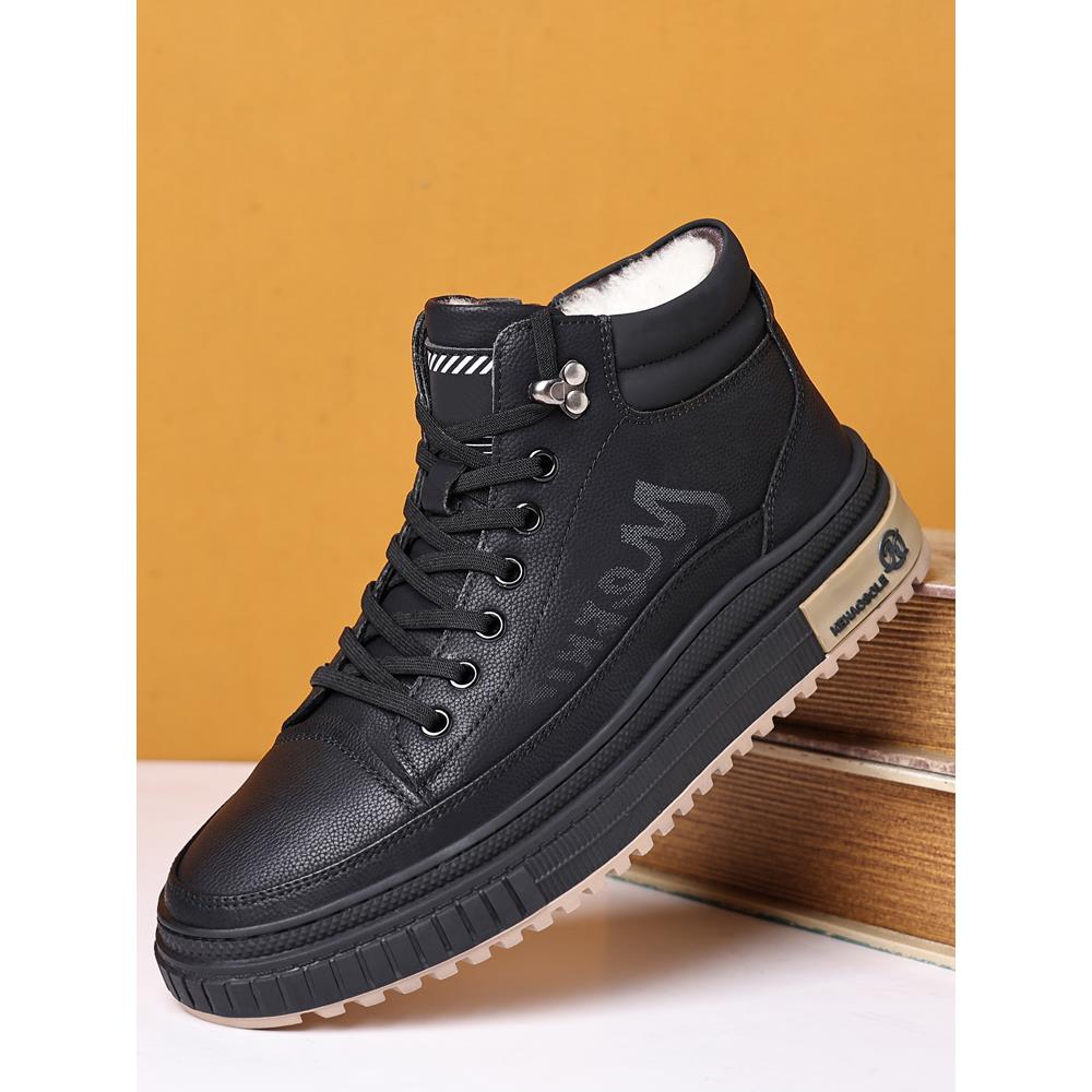 啄木鸟男鞋高帮加绒羊毛棉鞋男真皮软底板鞋男韩版休闲棉皮鞋男潮