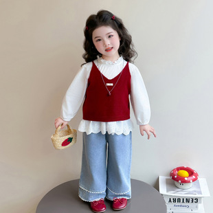 女童春季套装2026新款春装洋气时髦儿童红色春秋吊带女宝宝三件套