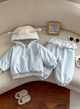 女童加绒套装秋冬季衣服小女孩冬装婴儿宝宝连帽卫衣裤子两件套装