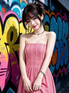兮兮花颜粉色格子抹胸连衣裙女装春夏款长裙收腰无袖露背格纹长裙