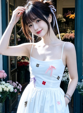 兮兮花颜白色吊带裙女夏季新款海边度假沙滩裙显瘦气质连衣裙