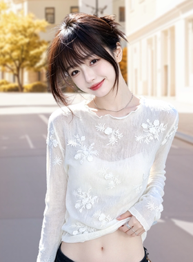 兮兮花颜白色网纱打底衫内搭叠穿绝美透明上衣女夏薄款气质小衫