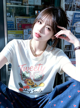 兮兮花颜印花短袖t恤女夏修身休闲小个子白色印花上衣设计感正肩