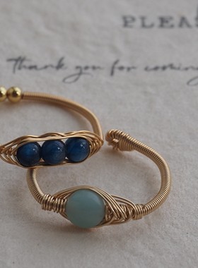 JaR 纯手工蓝晶石缠绕开口戒指复古绿宝石简约指环