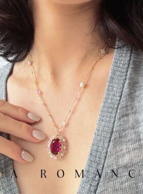 宝石纯银镀金女鸽血红项链轻奢