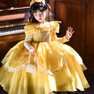 2026透气薄款女童黄色公主连衣裙长袖宫廷风华丽蛋糕裙生日礼服裙