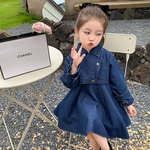 甜美学院风牛仔连衣裙女童春秋2件套长袖裙子小个子2026透气薄款