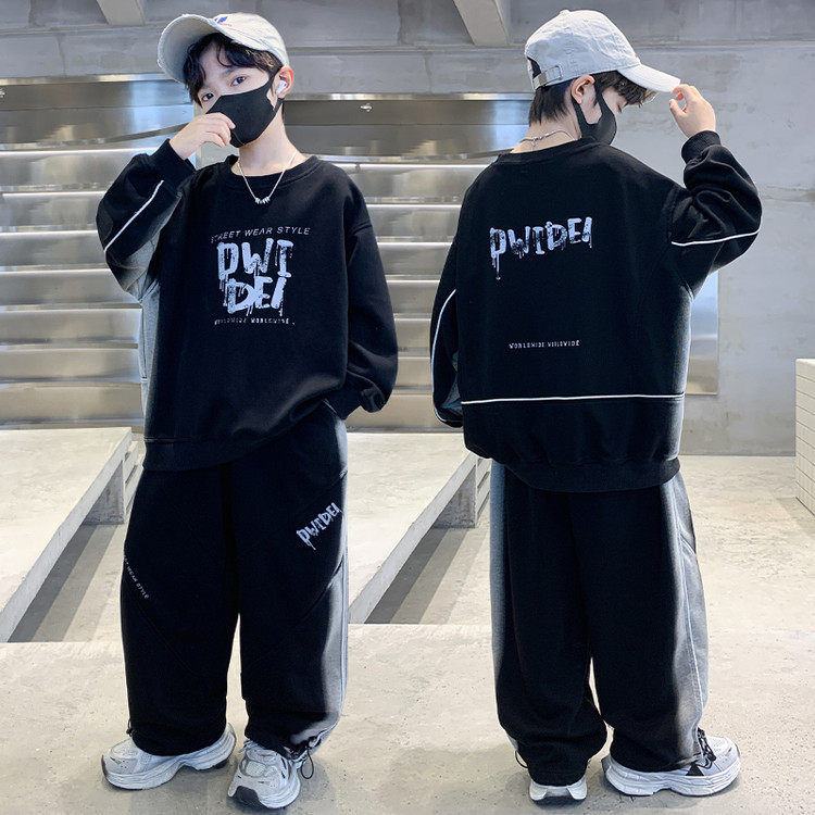 长袖薄款韩版男童春季卫衣两件套中大童帅气潮流休闲运动套装黑色