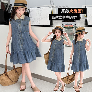 韩版polo领无袖牛仔连衣裙女童夏季小个子A字裙中裙2026透气薄款