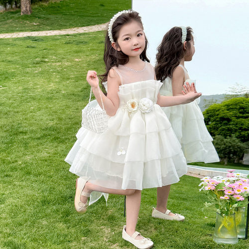 女童白色无袖公主蛋糕裙收腰花朵网纱连衣裙洋气礼服裙2026透气薄