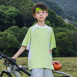 2026运动穿搭圆领速干T恤男童荧光绿拼接短袖宽松户外夏季薄款