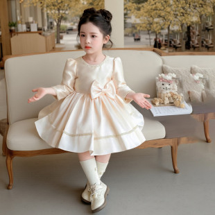 2026透气薄款优雅公主风女童长袖蝴蝶结连衣裙中长裙花童礼服米色