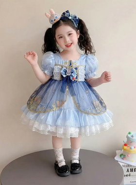 女童泡泡袖网纱公主裙蓝色蝴蝶结蓬蓬裙演出服cosplay洛丽塔薄款