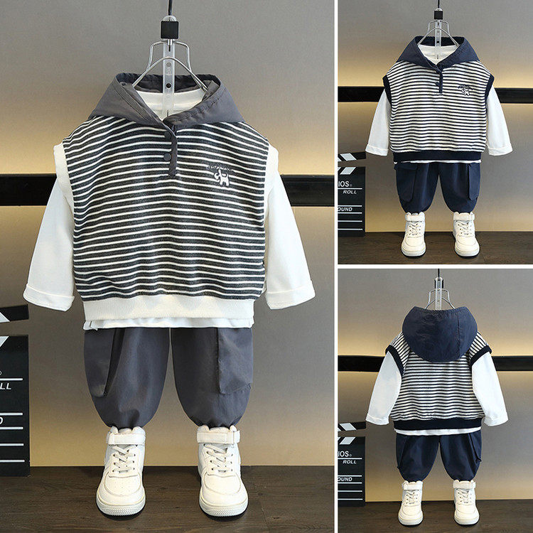 26长袖薄款男童春秋韩版条纹连帽马甲三件套装儿童新款时髦运动服