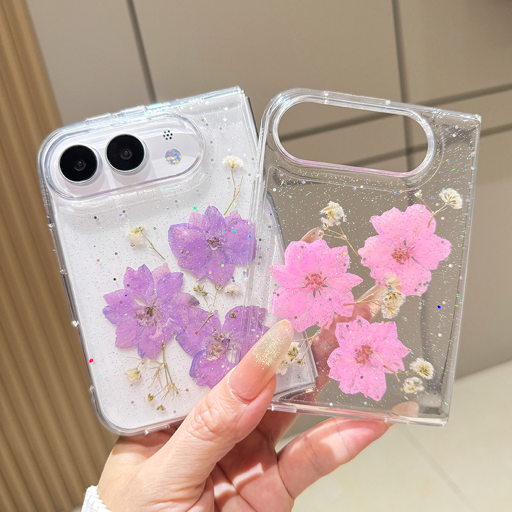 《樱紫碎光》适用iPhone Duo女款飞燕永生花真干花苹果Duo手机壳鲜花折叠保护套