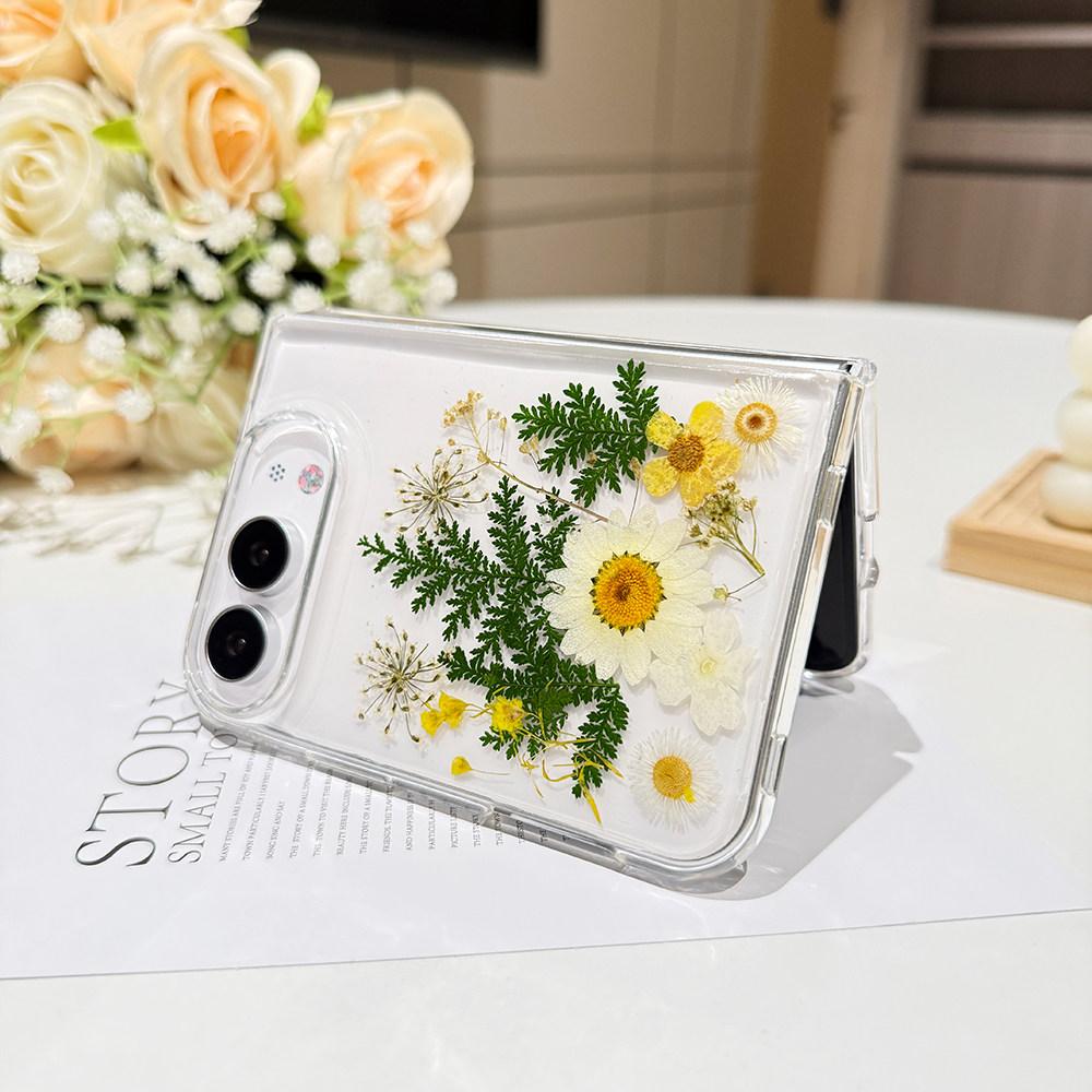 《青枝凝芳》适用iPhone Duo女款雏菊永生花真干花苹果Duo手机壳鲜花折叠保护套