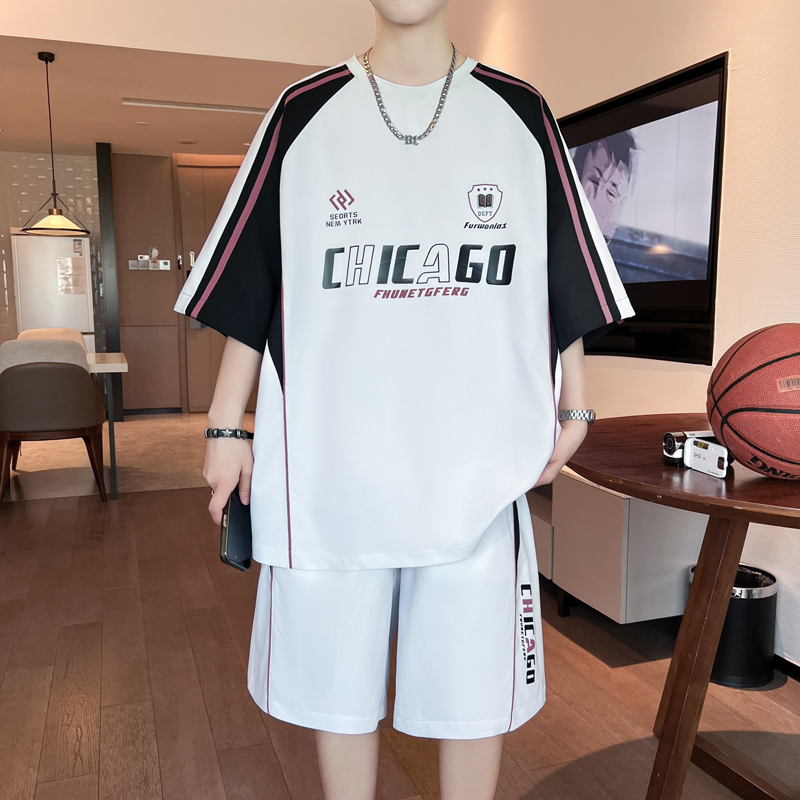 夏季宽松短袖t恤男孩初中学生蓝球服套装青少年大童运动球衣球裤