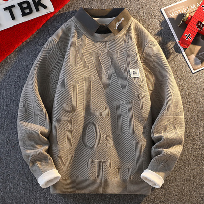 冬季新款打底衫毛衣男孩青少年初中学生加厚线衣大童假两件针织衫