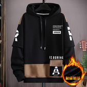 13初中学生连帽假两件卫衣男孩秋冬装 15加绒16岁大童潮流纯棉上衣