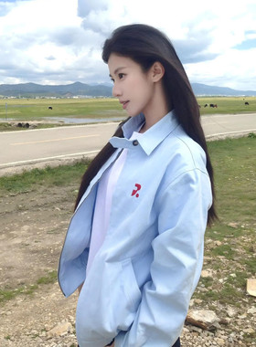 秋季蓝色外套女小个子美式棒球服春秋宽松休闲百搭翻领夹克上衣潮