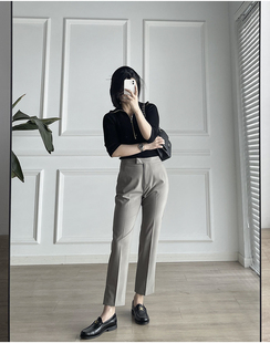 通勤 九分裤 版 微弹力JIN口精纺羊毛开叉直筒小西裤 型取胜 经典