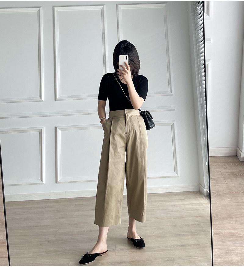 ji简时髦范 自留推荐~卡其色直筒九分阔腿裤休闲裤萝卜裤女