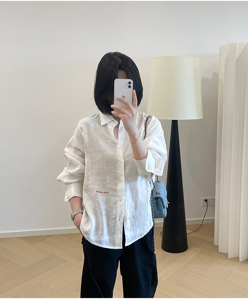法式松弛感 梦中情衫 亚麻高支品质细节字母刺绣白色百搭时髦衬衫
