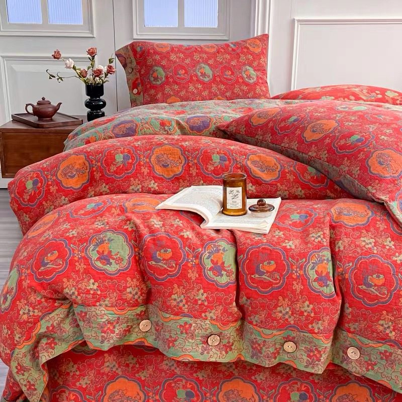 柿柿如意全棉双层纱四件套纯棉色织提花高端棉纱床单被套床上用品,床上用品,床品套件/四件套/多件套,淘宝优惠券,粉丝福利购,淘宝优惠卷