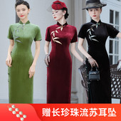 连衣裙少女修身 斜襟旗袍女装 显 中国风刺绣花丝绒长款 2023秋冬新款