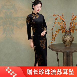 中年妈妈装秋冬装长袖长款改良旗袍新中式连衣裙显瘦日常丝绒加绒