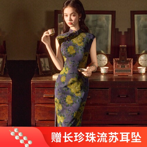 春夏新款复合网纱长款修身旗袍