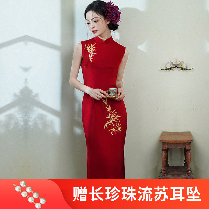 旗袍新中式202红色改良年轻款短袖民国风醋酸刺绣长款连衣裙双层