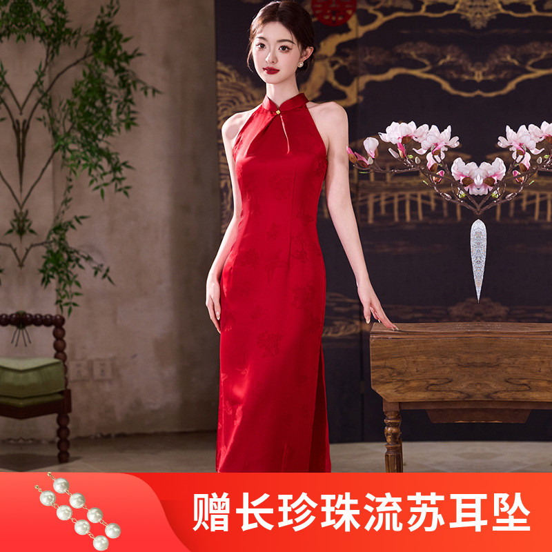 2025春夏款中国风仿醋酸提花旗袍