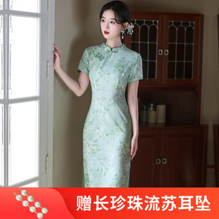 夏季绿色新款改良旗袍花瓣袖文艺修身中长款年轻款日常穿清雅旗袍