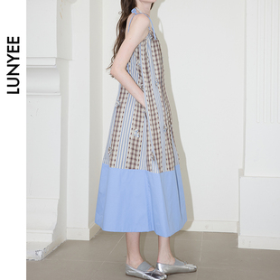LUNYEE法式 纹拼接复古连衣裙重工设计立体花朵吊带连衣裙 度假风格