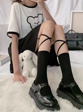 春秋ins潮小众设计交叉小腿绑黑色中筒女夏棉长袜子强压袜
