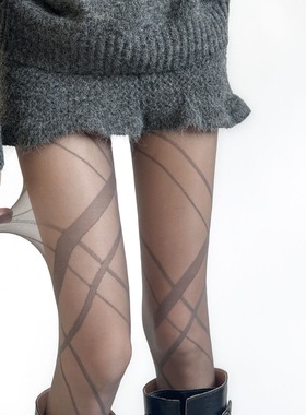 不规则交叉菱格透肉提花丝袜辣妹深灰色性感打底袜白丝复古连裤袜