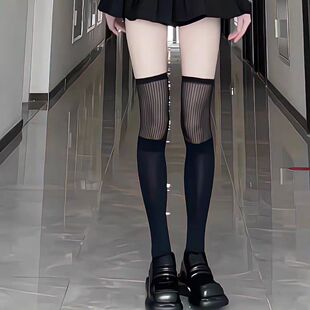夏季 大腿袜高颜值百搭竖纹袜子纯欲风辣妹显瘦拼接暗黑及膝袜 新款