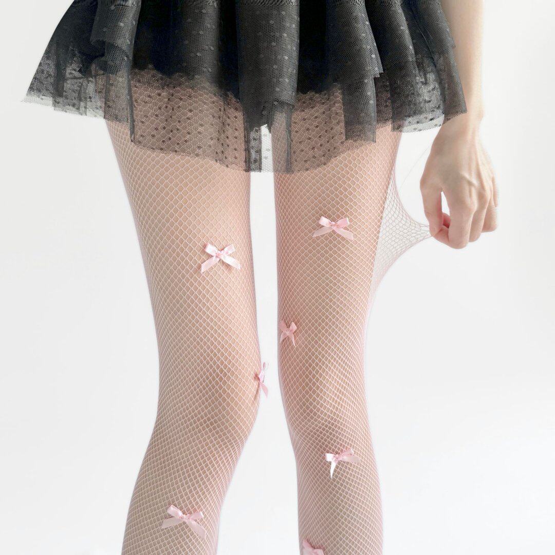 甜美风蝴蝶结网眼丝袜女薄款防勾丝连裤袜芭蕾风打底袜